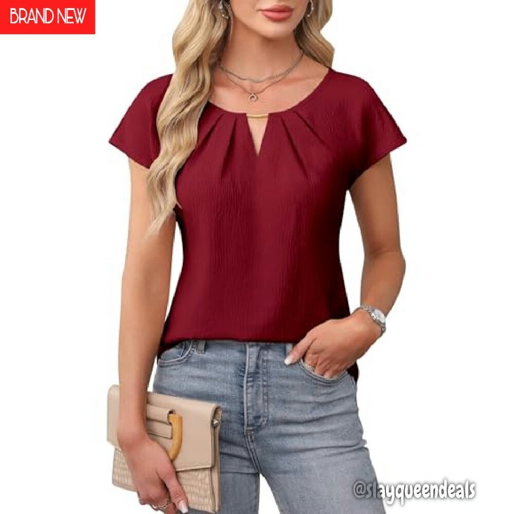 Short Sleeve Pleated Blouse, Lightweight Textured Fabric, Business Casual Top - Picture 2 of 8